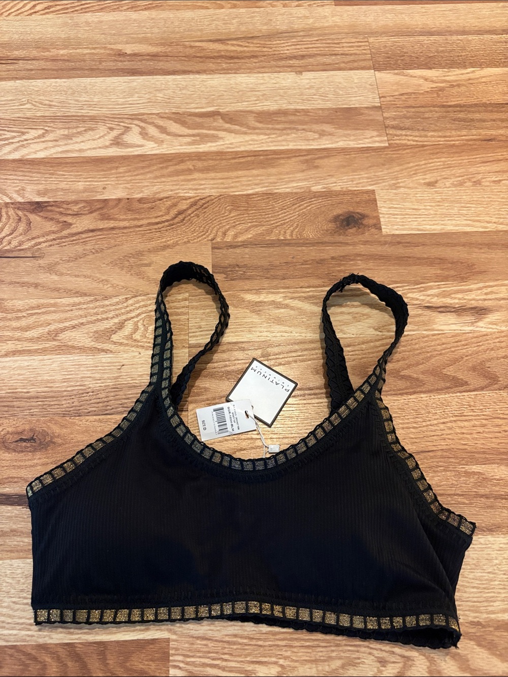Platinum Swimwear Solange Ferrarini Crochet Trim Gold Ribbed Black Bikini Top